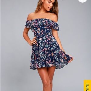 Navy blue floral off the shoulder dress
